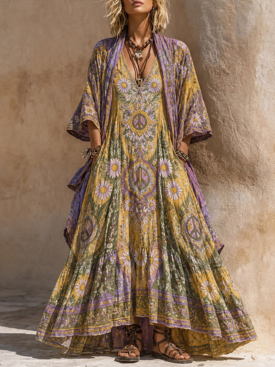 Retro Style Art Printed Vintage Camisole Dress Long Sleeve Two-Piece Maxi Dress